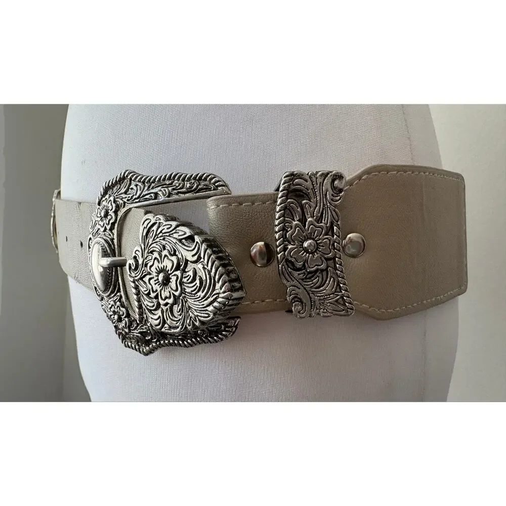 Taupe Double Silver Buckle Elasticized Back Belt